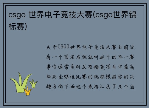 csgo 世界电子竞技大赛(csgo世界锦标赛)