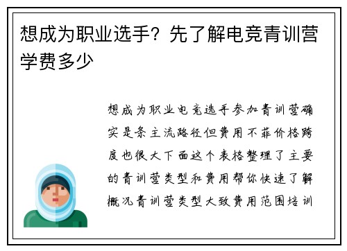 想成为职业选手？先了解电竞青训营学费多少